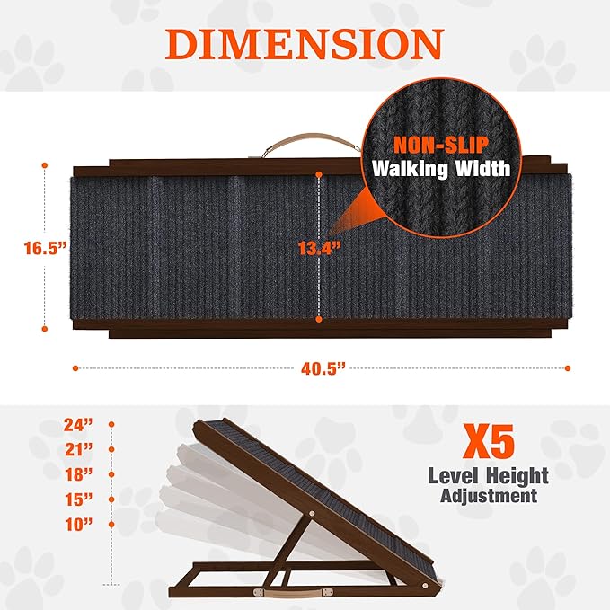Adjustable Dog Ramp for Bed - Foldable Wooden Ramp for Dogs to Get on Bed, Couch, or Car - Ideal for Small, Medium, and Large Breeds (Walnut Wood with Grey Carpet) (Walnut Wood, Medium)