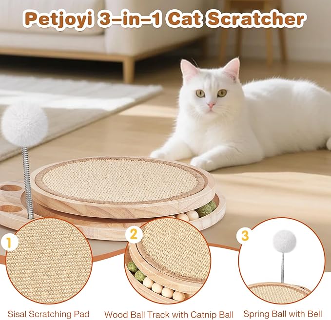 Cat Scratcher for Indoor Cats, Sisal Cat Scratching Pad, 2-Tier Kitten Toys with Wooden Ball Track & Spring Ball -No Assembly Cats Activity Center