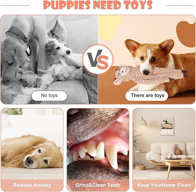 2 Pack Dog Toys with Squeakers, Plush Teething Toys to Keep Them Busy, No Stuffing Crinkle Interactive Dog Animals, Cute Funny Dogs Gifts for Small Medium Large Breed (Raccoon Cattle)