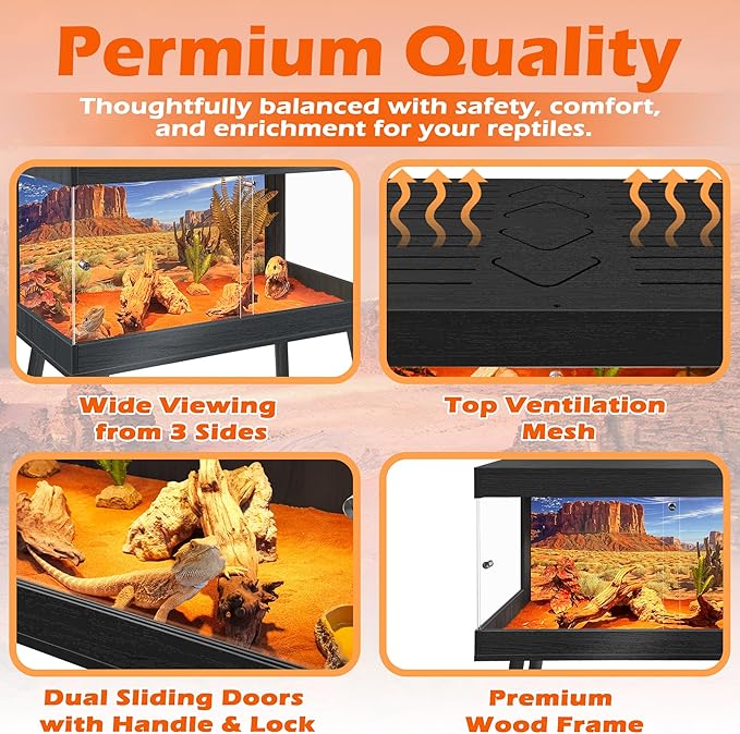 Royxen Bearded Dragon Tank with Metal Mesh Top and Leg Stand, Tempered Glass Reptile Tank,Reptile Enclosure,Lizard Tank for Chameleon,Snake,Lizard Habitat(32inch,Black)