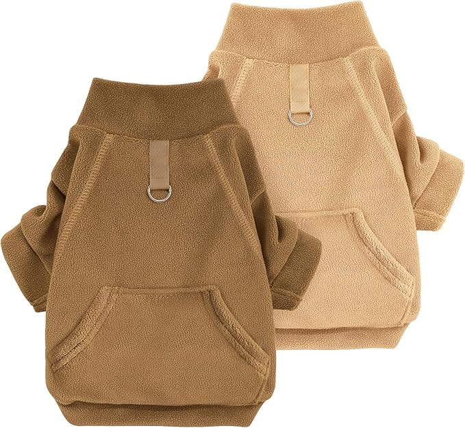 Idepet Fleece Dog Sweater 2 Pack, Winter Pet Clothes Turtleneck Sweatshirt with Leash Ring, Stretchy Small Dog & Cat Coat with Pocket (Khaki+Brown, XXL)