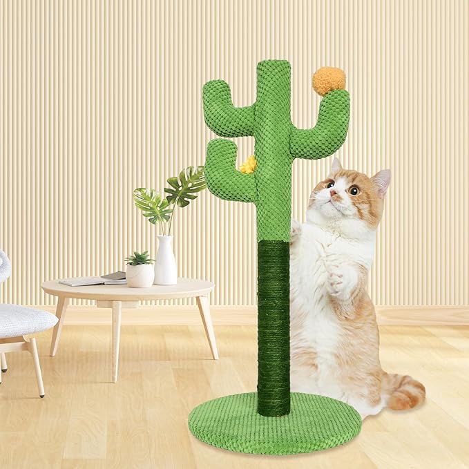 Kitten Cat Scratch Post - 25'' Cactus Scratching Posts with Sisal Cats Claw Scratcher Scratching Posts for Indoor Cats Adults，Vertical Green Cat Tree with Flower for Kitten
