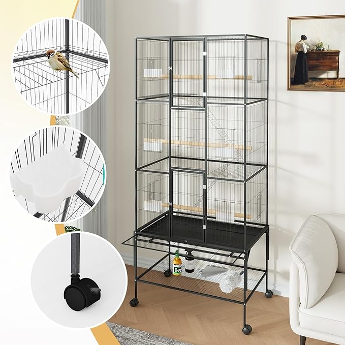 69-Inch Extra Large Bird Cage, Parakeet Bird Cage with Detachable Storage Stand, Rolling Cockatiel Cage for Mid-Sized Parrots Cockatiels Canaries Lovebirds Conures Finch, Black