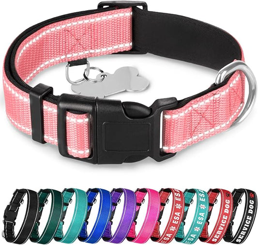TECEUM Reflective Dog Collar – Pink – XS – Extra Soft Padding – Basic Nylon Pet Collar – Quick Release Buckle – Fits Small, Medium and Large Dogs, Puppies, Cats – ESA & Service Dog Options