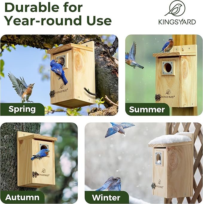 Kingsyard Blue Bird House for Outdoors - Classic Wooden Bluebird House Durable Wall-Mounted Birdhouse with Predator Guard for Bluebirds Titmice Chickadees Nesting Birds, Wood