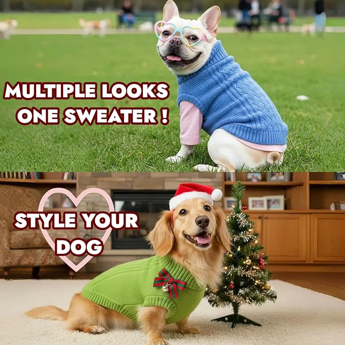 Pullover Warm Dog Sweater, Classic Cable Knit Fall Sweaters for Large Dogs Female, Sweater for Male Pet, Turtleneck Winter Clothes for Boston Terrier, Cute Coat for Boy or Girl Doggie(Green, L)
