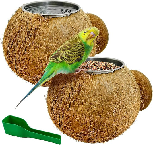 Coconut Bird Bowls for Cage 2-in-1 Coconut Shell Birds Feeder Set of 2 Hanging Parrot Cage Feeders Natural Parakeet Food and Water Dishes for Lovebirds Finches Budgies Cockatiels