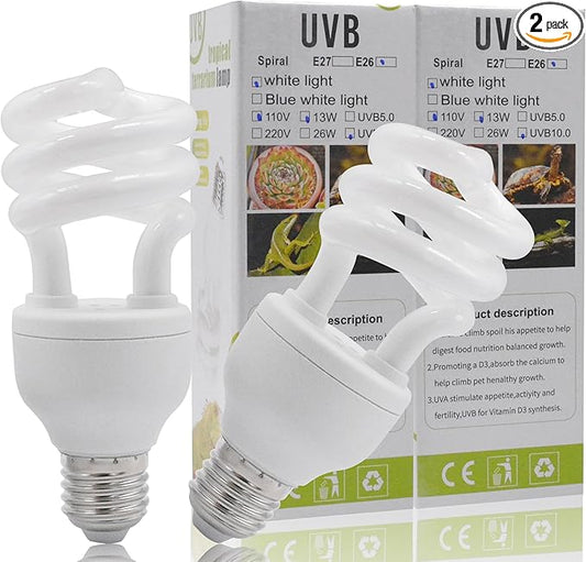 UVB Light Bulb for Reptiles, 13W 10.0 UVA UVB Heat Lamp Bulbs Ideal for Rainforest Reptiles, Bearded Dragons Lizard Turtle Tortoise Iguanas Chameleons Snake (2 Pack)