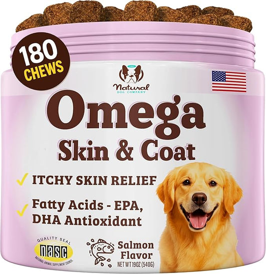Natural Dog Company Omega Chews for Dogs Skin and Coat Support with Salmon Oil and Fatty Acids, Helps Itchy Skin, Dryness, Shedding, Supports Joints, Heart,Immune System & Overall Health (180 cnt)