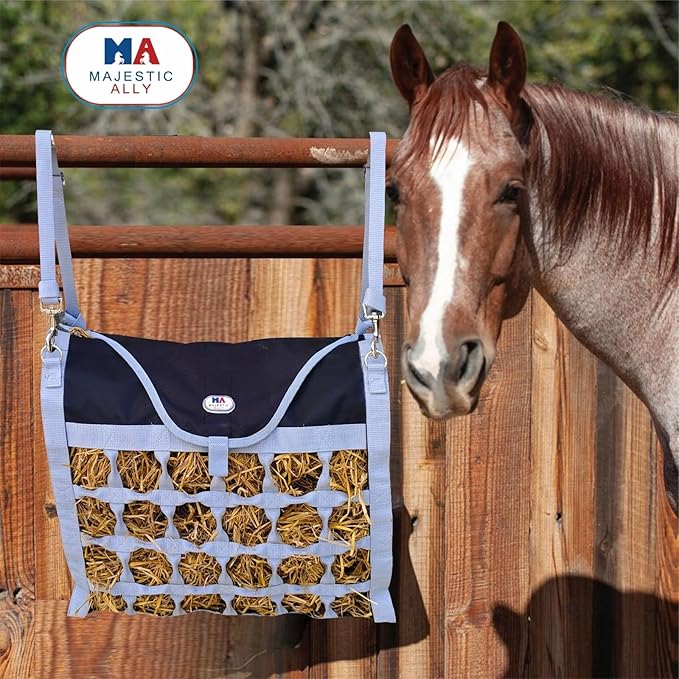 Majestic Ally Animal Health Hay Bag for Horses, 2.5" Holes, Top Load, Travel Feeder, Reduces Waste, 1 Year Warranty, Multiple Colors (Gray-Black)