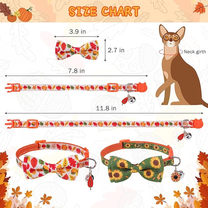 SCENEREAL Fall Cat Collar Breakaway with Bell and Bowtie, 2 Pack Cute Holiday Cat Collars, Adjustable Kitten Collar, Safety Buckle Collar for Girls Boys Cats Dogs Pets, White Green