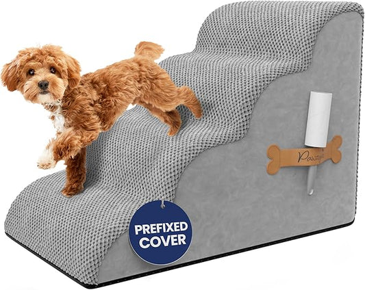 PAWZY Foam Pet Stairs for Bed, Couch or Window PREFIXED Cover - Wide Steps for Bed, Waterproof, Non-Slip Base - 4 Tier Ramp Dog Stairs for Small Dogs, Puppies, Cats - (Gray, 4 Step, 1)