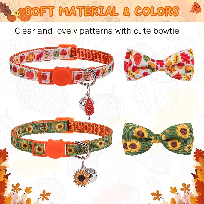SCENEREAL Fall Cat Collar Breakaway with Bell and Bowtie, 2 Pack Cute Holiday Cat Collars, Adjustable Kitten Collar, Safety Buckle Collar for Girls Boys Cats Dogs Pets, White Green