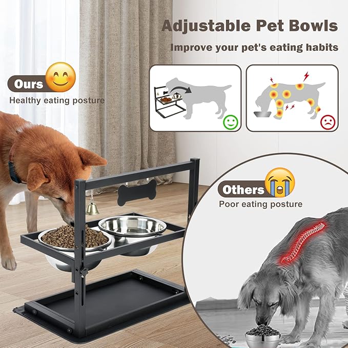 Elevated Dog Bowls with Slow Feeder for Large Dogs – Adjustable Raised Stand with 2 Stainless Steel Bowls & Spill-Proof Mat, Non-Slip Dog Feeder for Large & Medium Dogs (Black)