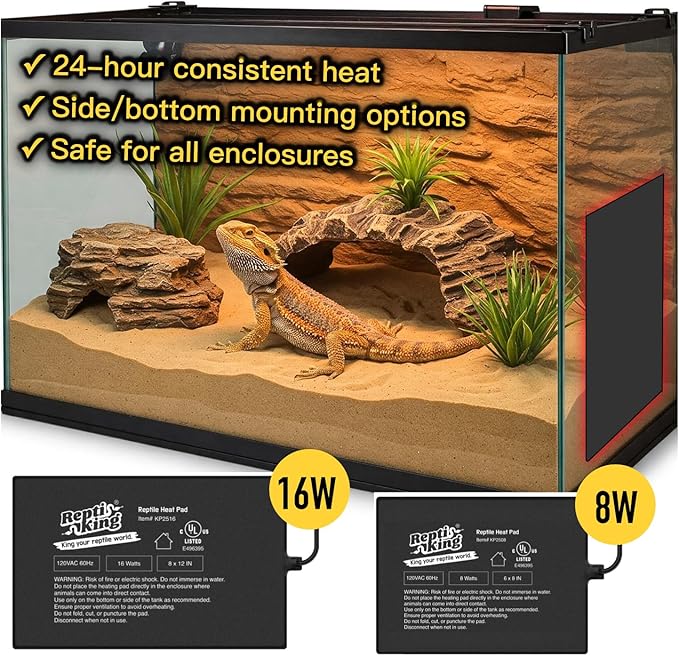 Reptile Heat Pad, 8" X 12" 16W, Heating Pad for Reptile Tank, Lizard, Snake, Bearded Dragon, Hermit Crab, Leopard Geckos Terrarium Heating Mat, Safe & Durable Heat Pad for Reptiles