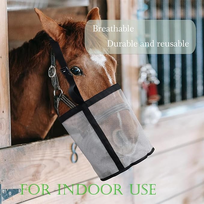 2pcs Horse Feed Bag Mesh Grain Feeder Bags Durable Hay Bag with Adjustable Strap, Large Horse Feeding Bag Comfort Neck Pad and Nose Pad (Black&Grey)