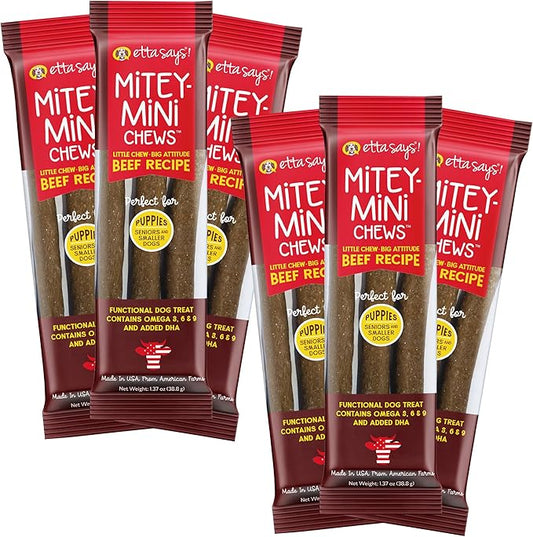 etta says! Mitey Mini Chews Dog Treats - Made in The USA - Grain-Free and Odor-Free - All-Natural Dog Chews - Perfect for Puppies and Senior Dogs - with Omega 3, 6, and 9 - Beef - 6 Pack
