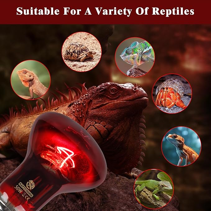 Reptile Heat Lamp,50W Red Basking Spot Lamp Bulb for Chickens Amphibians, Infrared Heat Emitter Light for Coop