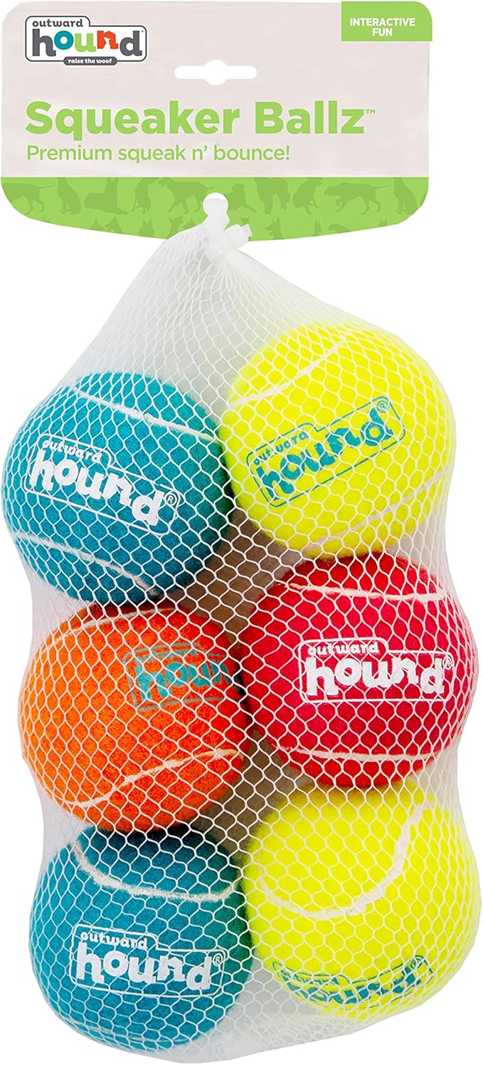 Outward Hound Squeaker Ballz 6-Pack Tennis Ball Dog Toys with Squeaker, Interactive Fetch Play for Pets Under 50 lbs, Training Balls for Indoor & Outdoor Exercise, Medium, 2.5-inch