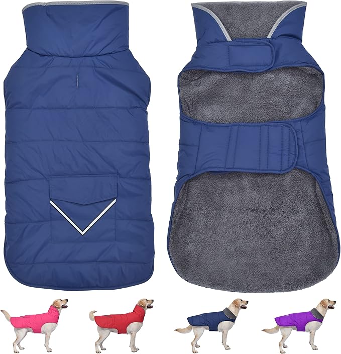 Dog Coat, Waterproof Dog Winter Jacket with Pocket, Reflective Adjustable Pet Snow Vest, Warm Cozy Fleece Sweater for Small Medium Extra Large Dogs - Blue, XL