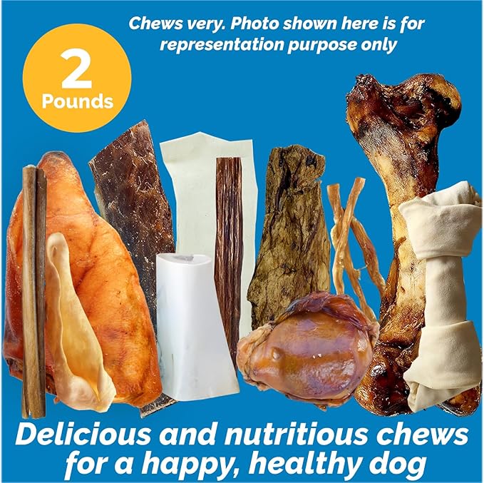 Assorted Natural Dog Chews - Lamb, Beef, Pork & Chicken Jerky Mixed Dog Treats, Digestible Gluten Free Chews, Long Lasting, Medium & Large Breeds Variety Pack | 2 lb