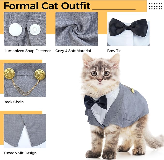 DENTRUN Cat Tuxedo Outfit, Sphynx Cat Costume Formal Suit with Bow Tie, Stylish Cat Shirt Fashion Apparel Fancy Clothes, Kitten Formal Attire Wedding Onesie Costume for Cats Only