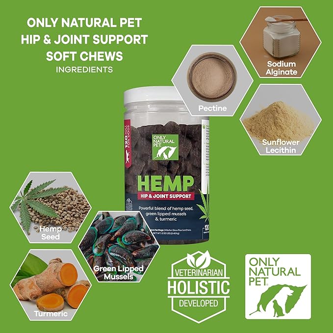 Only Natural Pet Hemp Hip & Joint Support for Dogs - Supplement for Mobility Wellness Pain Relief Healthy Inflammatory & Bone Stiffness - Chews w/Fatty Acid Blend Mussels & Turmeric - 120 Count (H/J)