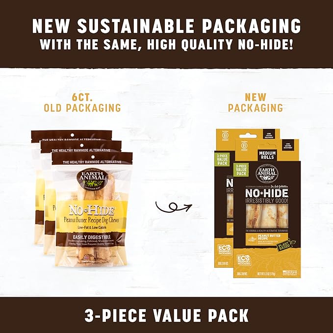 Earth Animal No Hide Medium Peanut Butter Flavored Natural Rawhide Free Dog Chews Long Lasting Chew Sticks | Treats for Large Dogs | Great for Aggressive Chewers - 6 Count