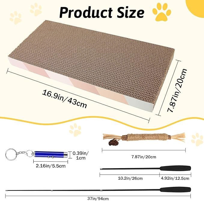 9 in 1 Cat Scratch Pad Cat Toys Set, Cat Scratcher Cardboard with Catnip, Retractable Wand Toy and Feather Toys, Natural Silvervine Sticks, Cat Toy Pointer