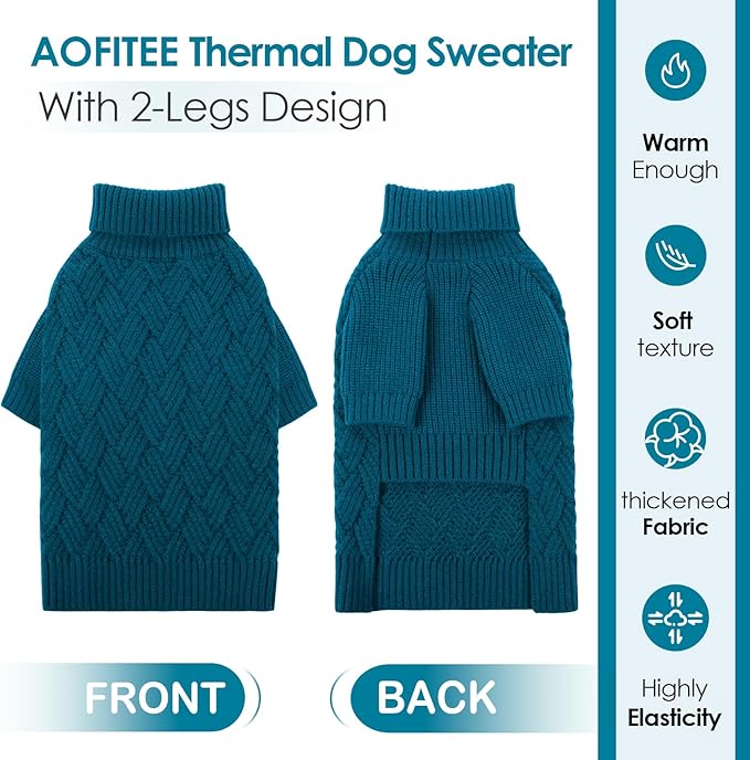 AOFITEE Small Dog Sweater, Dog Sweaters for Small Dogs Male, Thick Dogs Winter Sweatshirt Girl Boy, Pet Halloween Sweater, Classic Cable Turtleneck Holiday Knitwear for Pug Dachshund, S