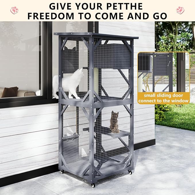 LEMBERI 71" Cat House Outdoor Catio Cat Enclosures on Wheels, Large Outside Patio Wooden Cat Cage Resting Box,Scratching Post, Waterproof Roof (Gray)