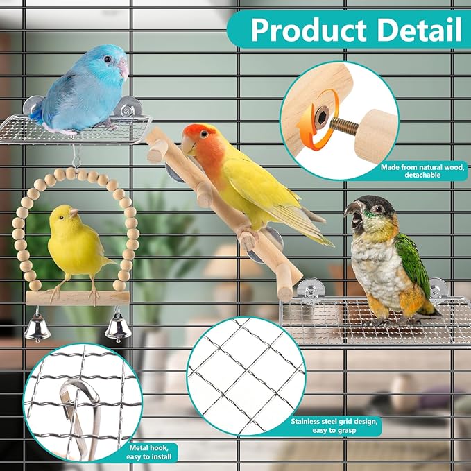 4Pcs Bird Perches Toys, Stainless Steel Perch Platform (2 Sizes), Natural Wood Parrot Climbing Ladder & Swing with Bell, Play Gym Cage Accessories for Budgie Cockatiel Lovebird Canary Conure