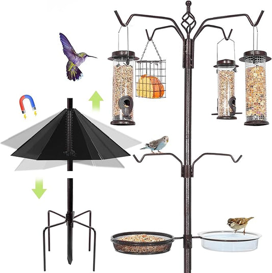 6-Hook Bird Feeding Station Kit, 94 Inch Heavy Duty Bird Feeder Stand Pole for Outdoors Hanging with 4 Feeders, Wide Metal Squirrel Baffle, Attracting Wild Birds