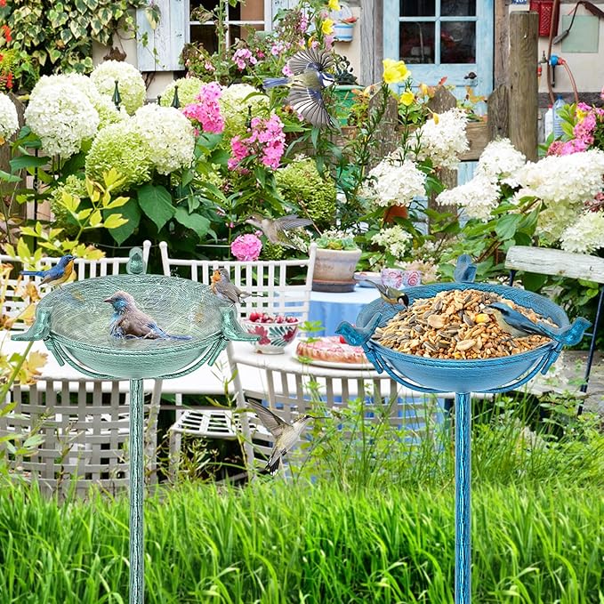 58In Freestanding Birdbaths Bowl Outdoor, Free Standing Garden Bird Bath Feeder Bowl with 3 Bird Statues, Birdbath & Birdfeeder with Metal Stake Garden Yard Lawn Decor (Retro Green)