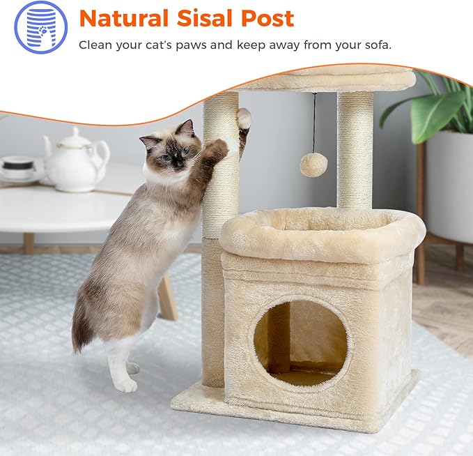 PEQULTI Cat Tree Cat Tower for Indoor Cats with Private Cozy Cat Condo, Natural Sisal Scratching Posts and Plush Pom-pom for Small Cats,Beige