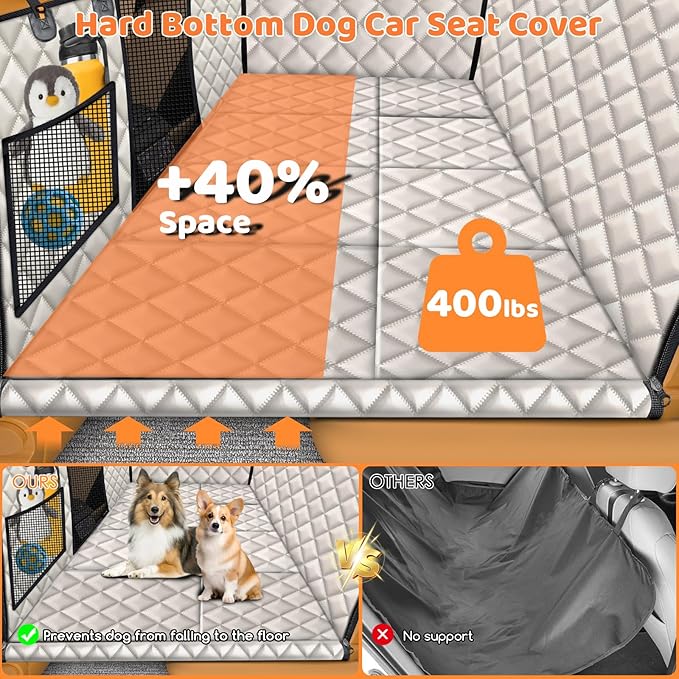 URPOWER Hard Bottom Dog Seat Cover with Mesh Window Waterproof Bench Dog Car Seat Cover for Back Seat Nonslip Pet Rear Seat Protector for Fur & Mud, Washable Dogs Hammock for Cars Trucks and SUV