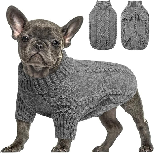Queenmore Small Dog Pullover Sweater, Cold Weather Cable Knitwear, Classic Turtleneck Thick Warm Clothes for Chihuahua, Bulldog, Dachshund, Pug (Slate Grey, X-Large)