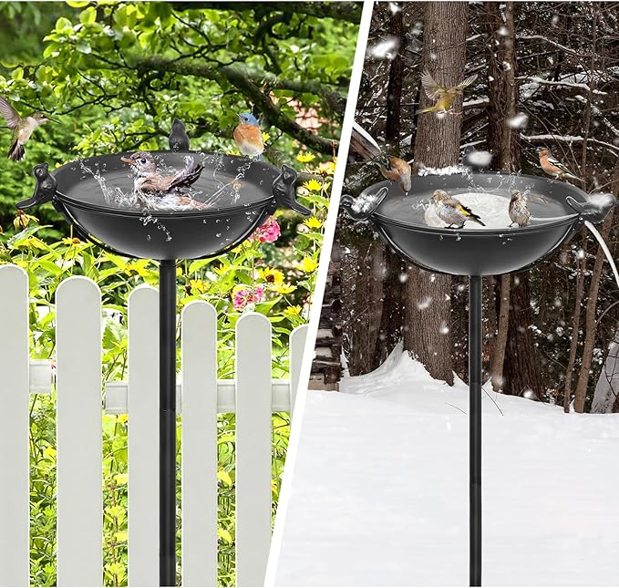 58In Freestanding Birdbaths Bowl Outdoor, Standing Garden Bird Bath Feeder Bowl with 3 Bird Statues, Birdbath & Birdfeeder with Metal Stake Garden Yard Lawn Decor (Black)