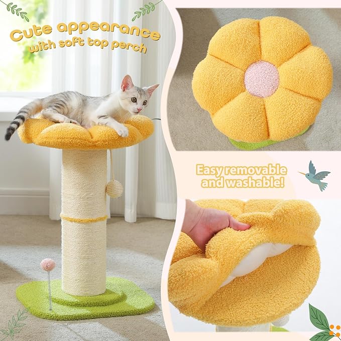 PEQULTI Flower Cat Scratching Post, Small Cat Tree, Scratcher for Indoor Cats with Super Thick Scratching Post [Dia=5.5''], Removable Flower Bed, Cat Scratch Post with Spring Ball, Yellow