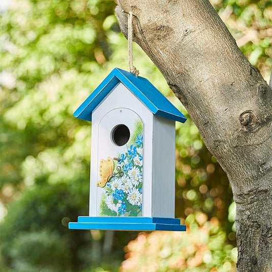 Glitzhome Bird Houses for Outside, 11.75" H Distressed Solid Wood Birdhouses Hummingbird House Daisy with Butterfly Garden Hanging Bird House for Outdoors
