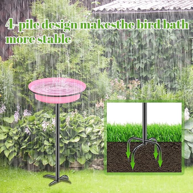 28In Freestanding Birdbaths Bowl Outdoor, Standing Garden Bird Bath Bird Feeder Bowl with Metal Stake, Detachable Decoration Spa Birdfeeder for Garden Patio Yard Lawn, 4 Spiky Feet (Pink)