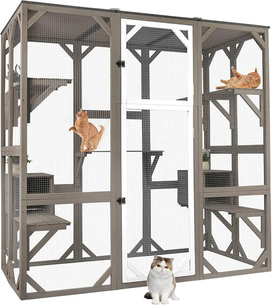 71" Catio Outdoor Cat Enclosure, Large Wooden Weatherproof Outdoor Cat Enclosure for Indoor Cats, Catios Attached to Window Catio for Cats, 7Platforms-71-Inch H