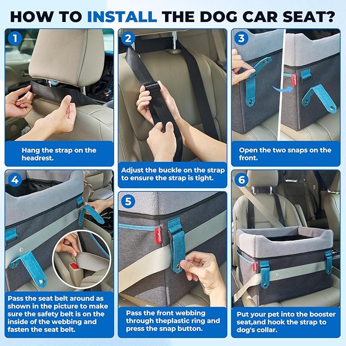 BurgeonNest Dog Booster Car Seat for Small Dogs, Washable Anti-Collapse Pet Bed for Car Front Back Seat, Cat Puppy Travel Carseats Up to 25lbs, Clip-On Safety Leash and Booster Fluffy Pad, Grey