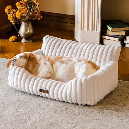 MEWOOFUN Dog Couch Bed, Fluffy Small Dog Bed with Removable Washable Cover, Supportive Cat Couch for Cats & Dogs up to 25 lbs (Beige, 30x21x12)