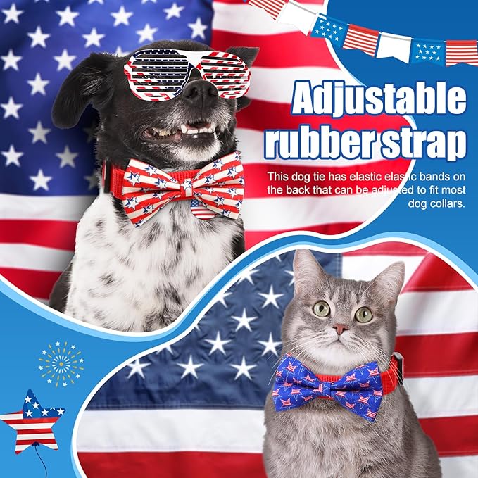 Hillban 50 Pcs Patriotic Collar Dog Bow Ties Blue and Red Star Print Dog Collar Accessories Bow Ties Attachment with Elastic Bands Detachable Charms for Pets Collar 4 of July Costume