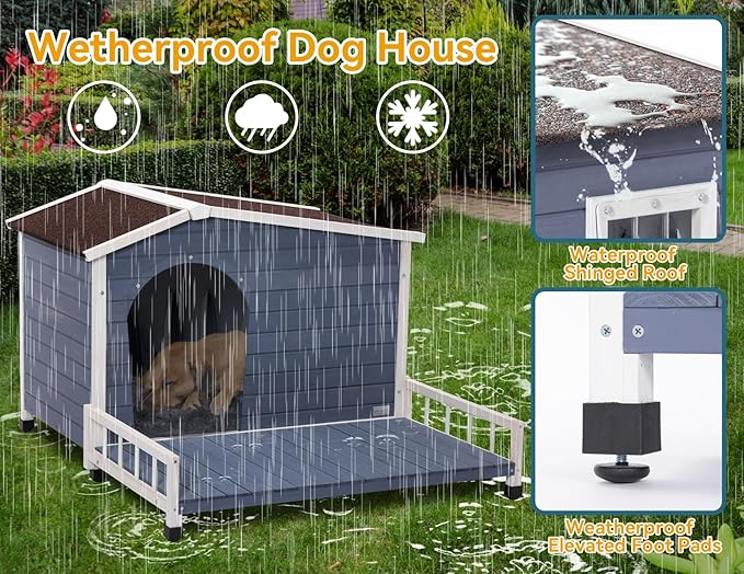 Petsfit Large Dog House - 45" L x 54" W x 33" H with Terrace & Openable Roof, XL Outdoor House for Large Dogs, Window & Door Flap