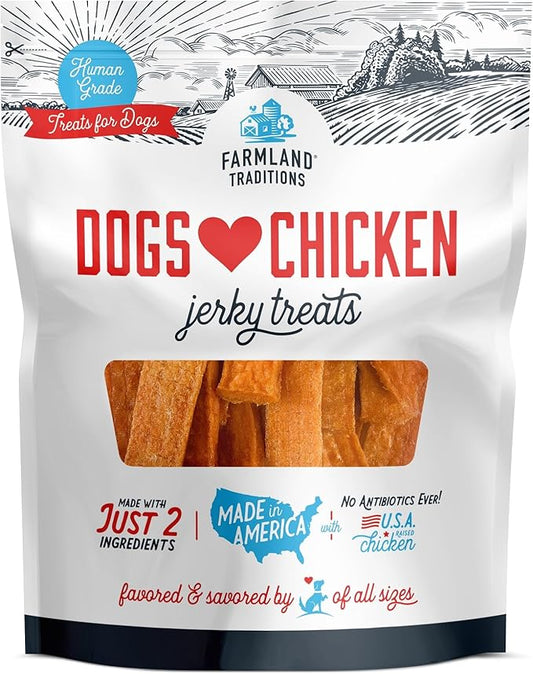 Farmland Traditions Dogs Love Chicken Jerky Dog Treats, Premium Two-Ingredient Dog Jerky with USA-Raised, Human-Grade Chicken & No Antibiotics Ever, 1-Pound Bag