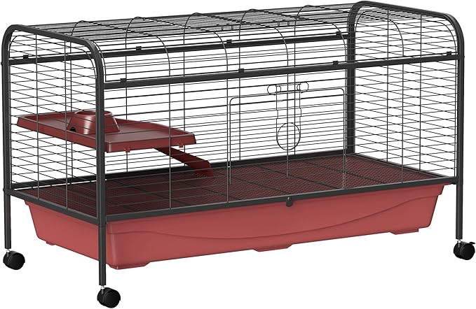 PawHut 48" L Small Animal Cage, Rabbit Hutch, or Ferret Pet Play House with Feeder, Rolling Wheels, Platform, Ramp