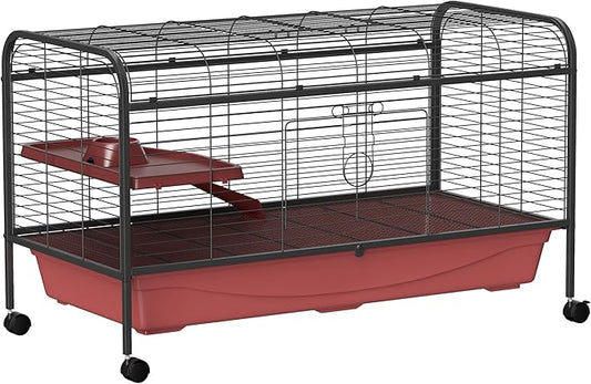 PawHut 48" L Small Animal Cage, Rabbit Hutch, or Ferret Pet Play House with Feeder, Rolling Wheels, Platform, Ramp