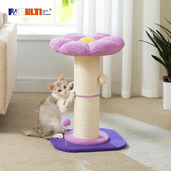 PEQULTI Flower Cat Scratching Post, Small Cat Tree, Scratcher for Indoor Cats with Super Thick Scratching Post [Dia=5.5''], Removable Flower Bed, Cat Scratch Post with Spring Ball, Purple